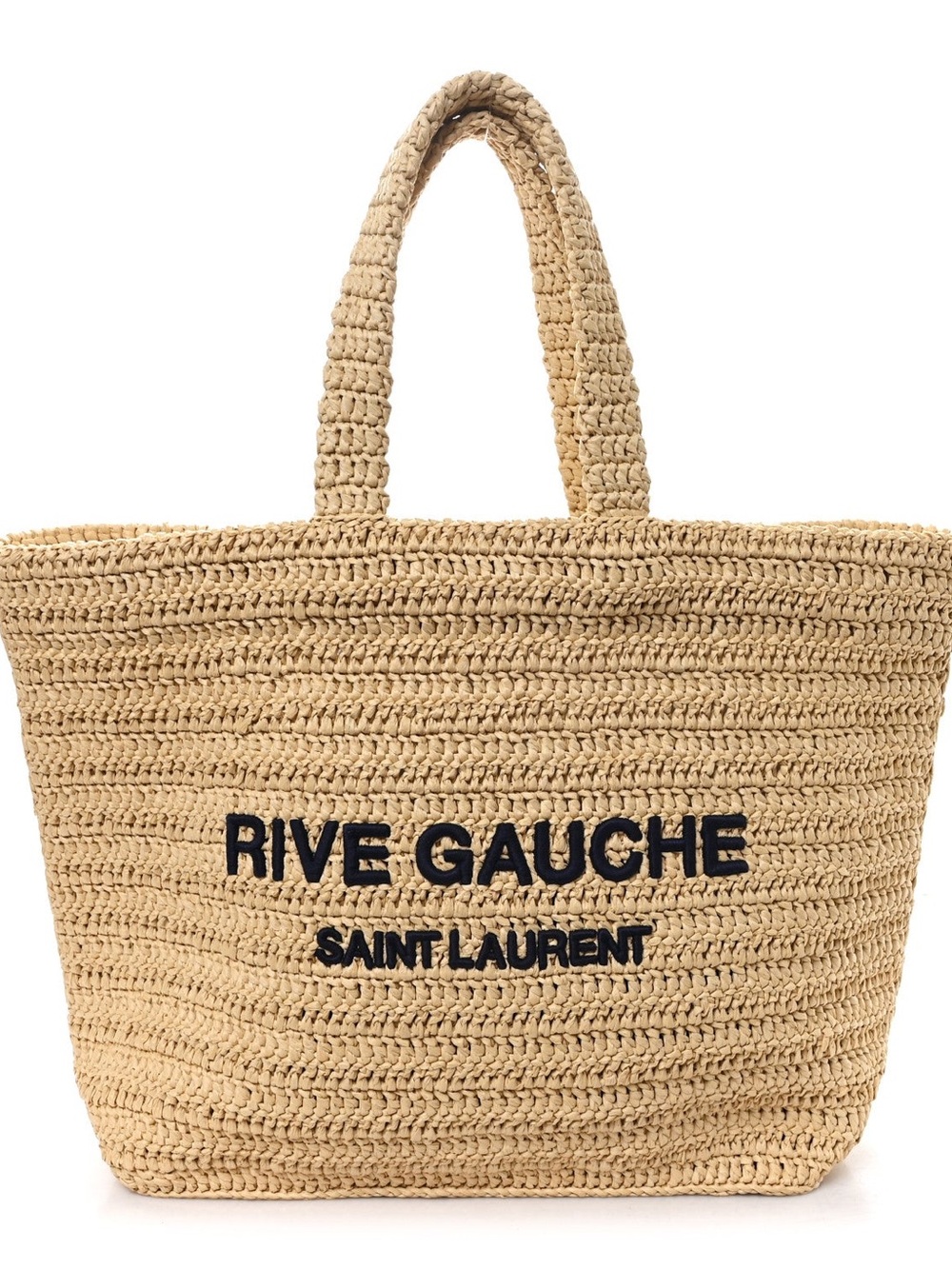 Saint Laurent Beige Raffia Rive Gauche Tote with Black Logo